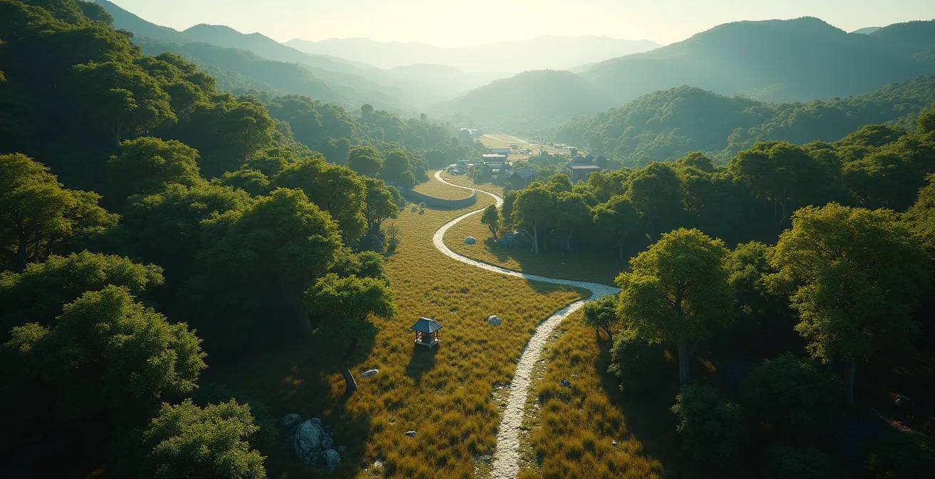 Vue aérienne d'un paysage de Japon féodal montrant deux chemins divergents : l'un ombragé et furtif, l'autre ouvert et directe, symbolisant les deux approches de jeu