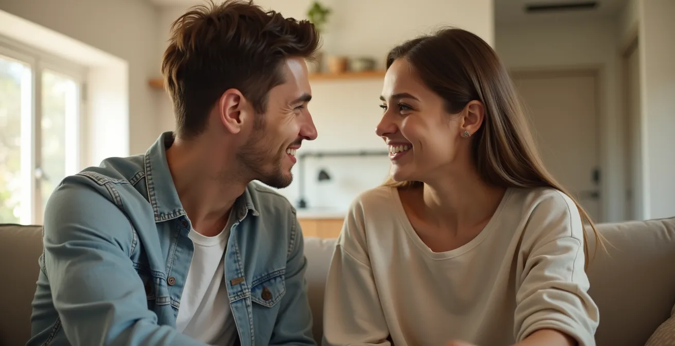 Un parent et un adolescent en conversation tranquille, discutant devant une page ou un document symbolique montrant des éléments de jeu