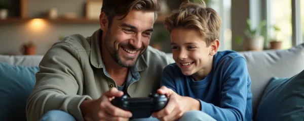 Un père et un adolescent assis ensemble, regardant le même écran en souriant, illustrant l'échange intergénérationnel autour du Japon féodal et des jeux vidéo