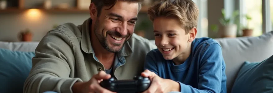 Un père et un adolescent assis ensemble, regardant le même écran en souriant, illustrant l'échange intergénérationnel autour du Japon féodal et des jeux vidéo