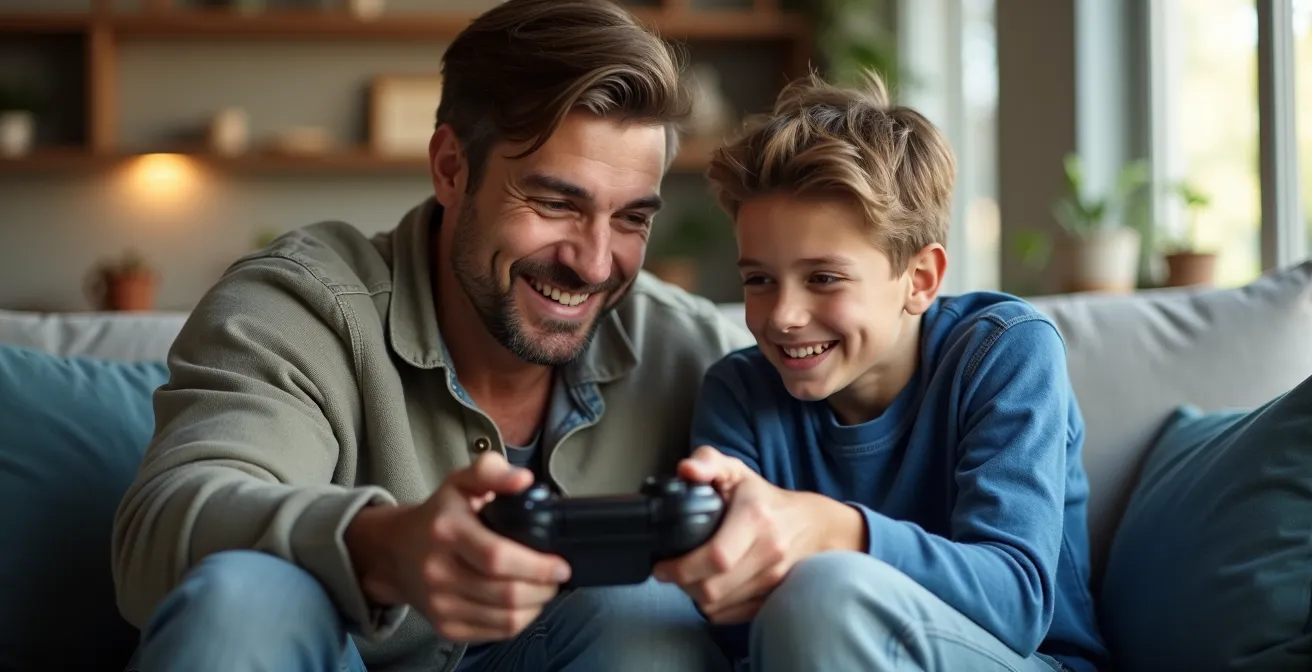 Un père et un adolescent assis ensemble, regardant le même écran en souriant, illustrant l'échange intergénérationnel autour du Japon féodal et des jeux vidéo