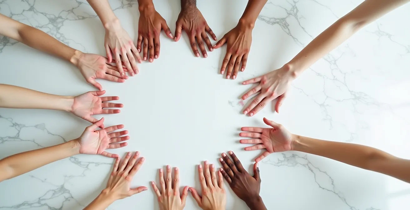 Vue aérienne d'un cercle de mains unies dans un espace épuré