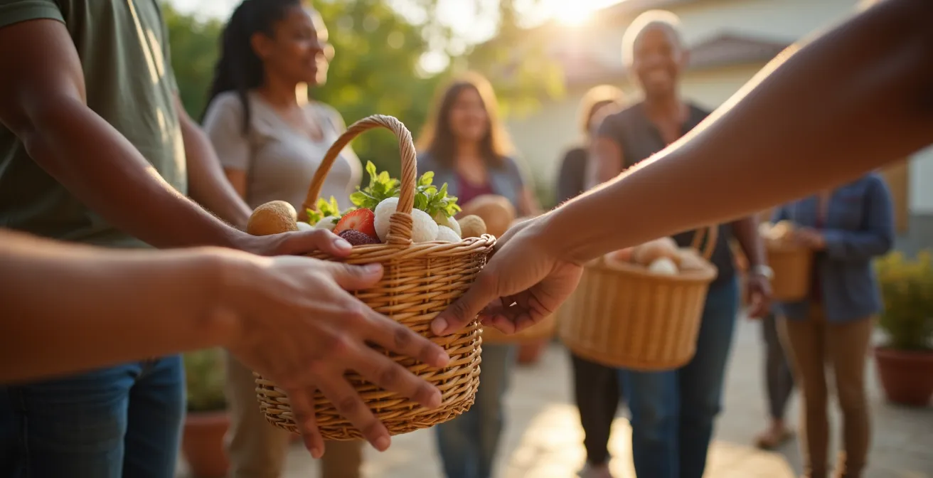 Chaîne humaine passant des paniers de provisions de main en main, symbolisant la distribution organisée