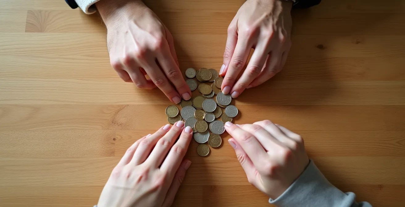 Vue aérienne de mains disposant des pièces de monnaie en cercle sur une surface en bois, évoquant le calcul et le partage