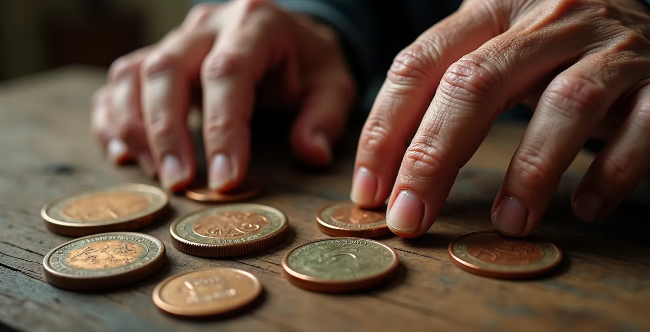 Détail macro de mains comptant des pièces de monnaie avec texture métallique
