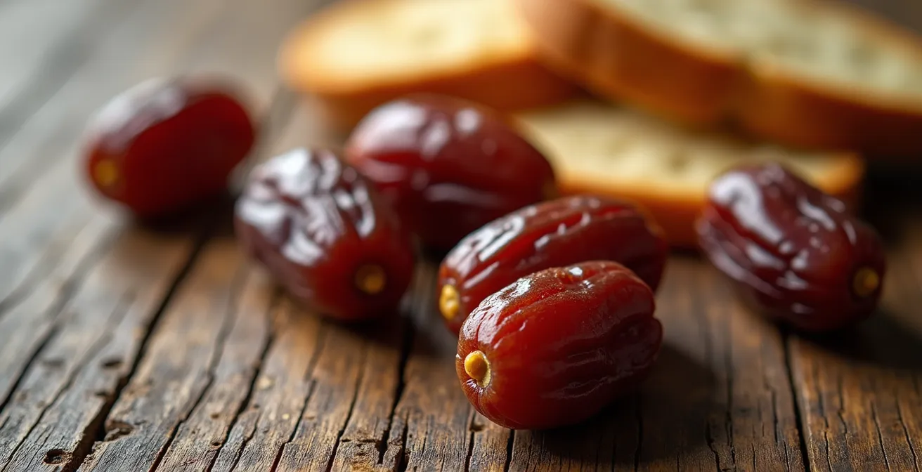 Gros plan sur des dattes et du pain partagés sur une table en bois, symbolisant la compensation alimentaire