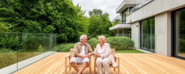 Couple de seniors assis sur terrasse donnant sur jardin arboré