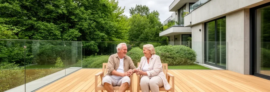 Couple de seniors assis sur terrasse donnant sur jardin arboré