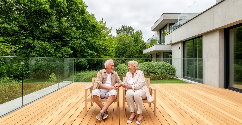 Couple de seniors assis sur terrasse donnant sur jardin arboré