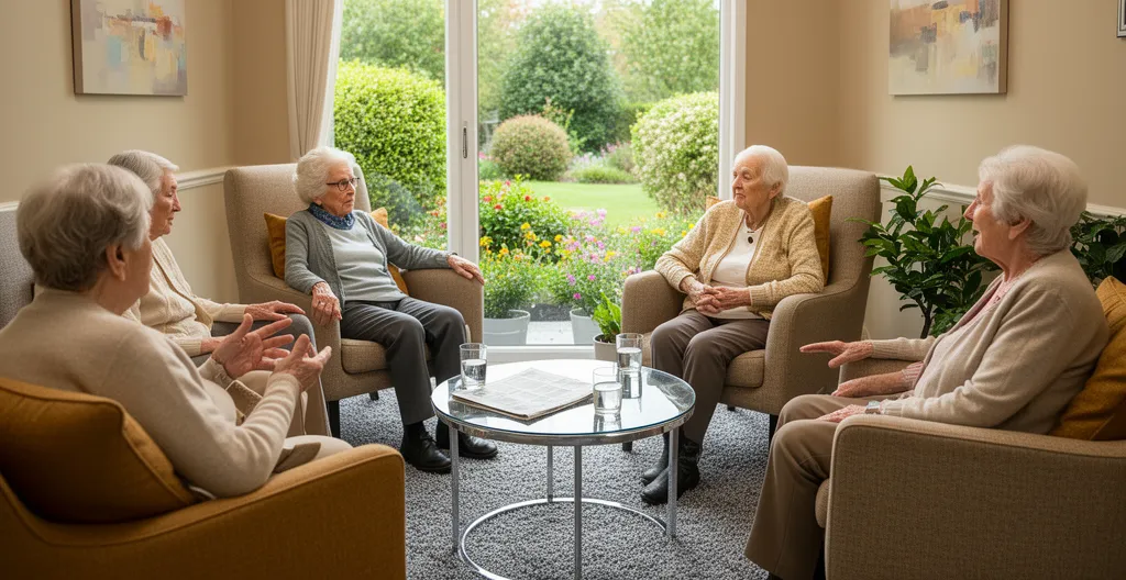 Espace commun de résidence avec résidents discutant près de baie vitrée