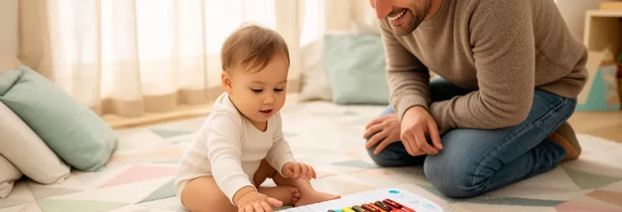 Tout-petit découvrant un piano coloré lors d'un atelier d'éveil musical bilingue