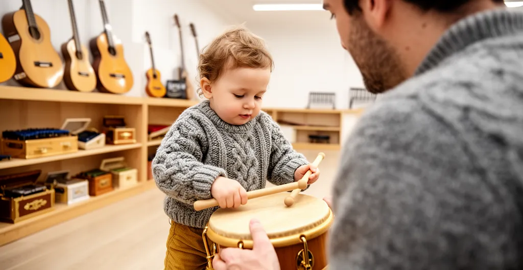 Enfant concentré jouant du tambour lors d'un cours d'éveil musical