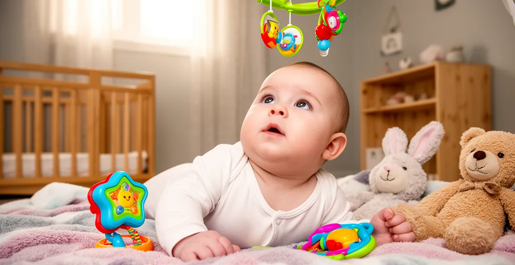 Bébé attentif pendant une séance d'éveil musical avec jouets sonores