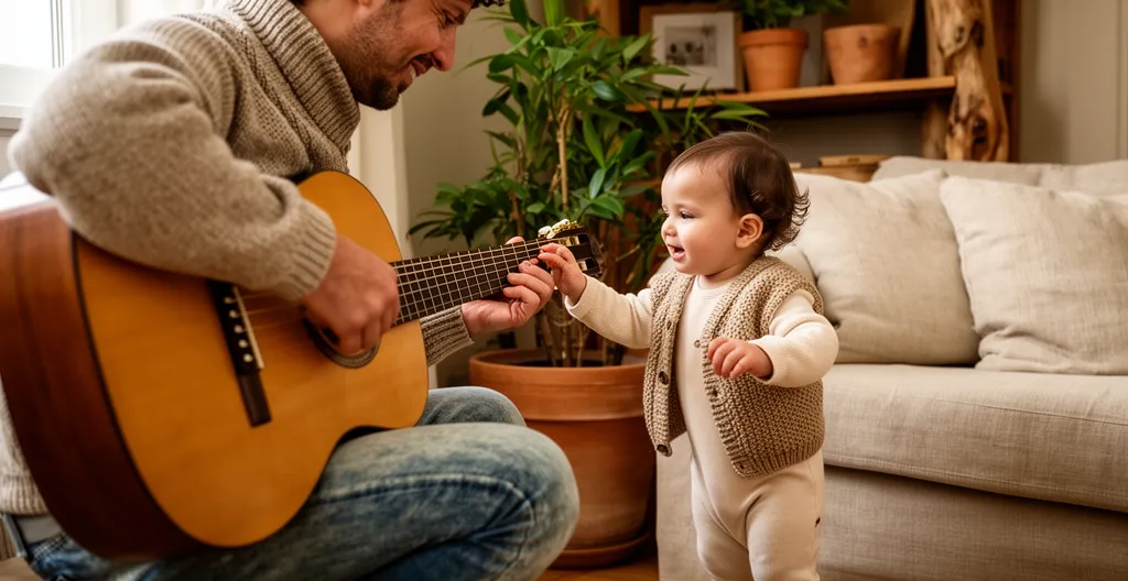 Moment de partage musical entre parent et enfant avec une guitare acoustique